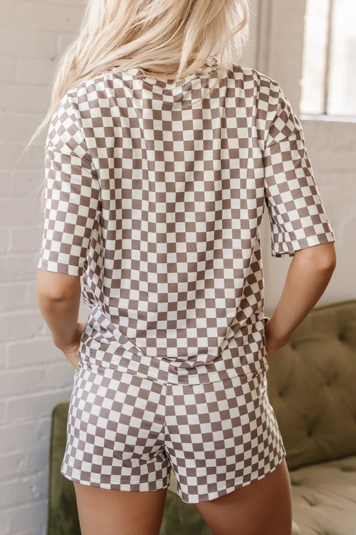 Checkered Round Neck Top and Shorts Set