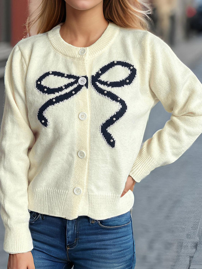 Chic Bow Button Cardigan with Stylish Round Neck Design