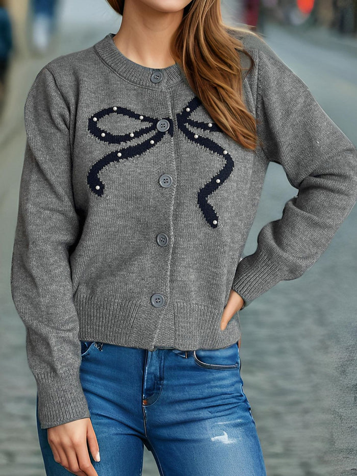 Chic Bow Button Cardigan with Stylish Round Neck Design