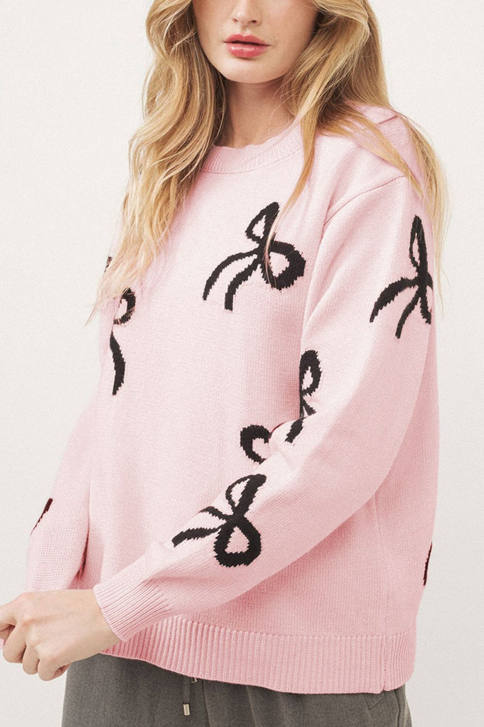 Chic Bow Design Loose Fit Sweater in Soft Pink Hue