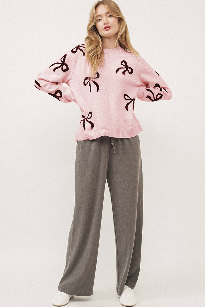 Chic Bow Design Loose Fit Sweater in Soft Pink Hue