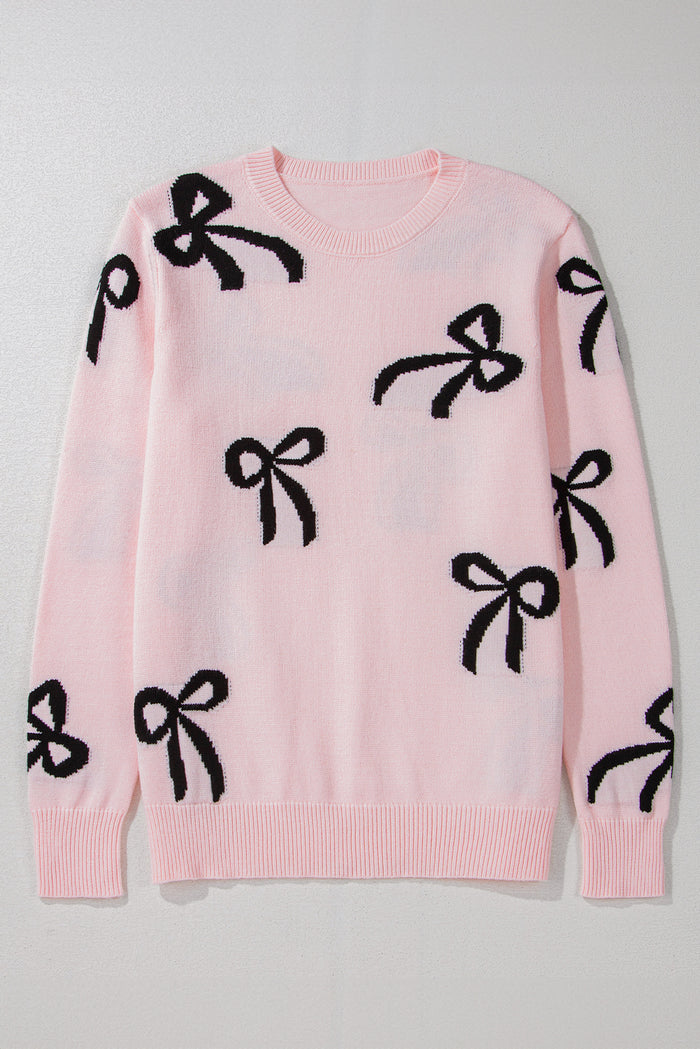 Chic Bow Design Loose Fit Sweater in Soft Pink Hue