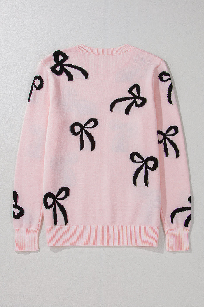 Chic Bow Design Loose Fit Sweater in Soft Pink Hue