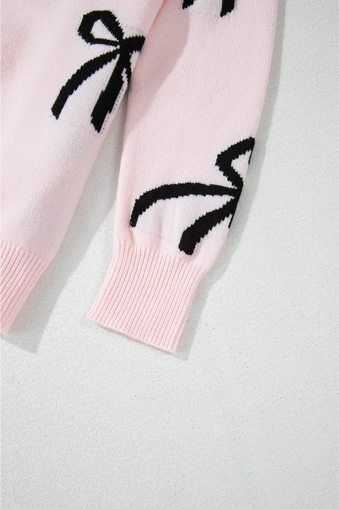 Chic Bow Design Loose Fit Sweater in Soft Pink Hue
