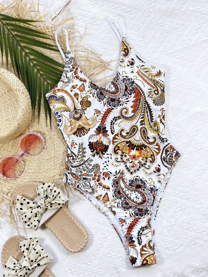 Chic Printed Tie Back Scoop Neck One-Piece Swimsuit