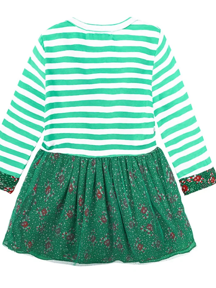 Children's Christmas Reindeer Applique Striped Long Sleeve Dress