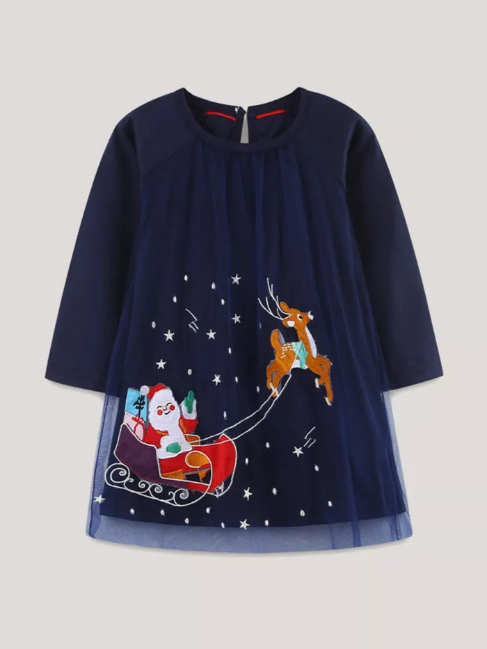 Children's Christmas Santa & Reindeer Embroidered Tulle Dress