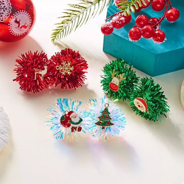 Christmas Asymmetrical Tinsel Ball Earrings