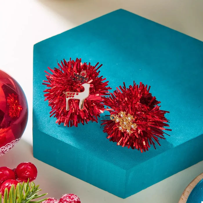 Christmas Asymmetrical Tinsel Ball Earrings