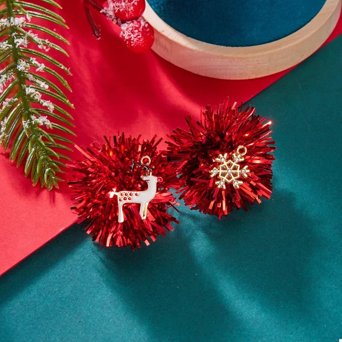 Christmas Asymmetrical Tinsel Ball Earrings