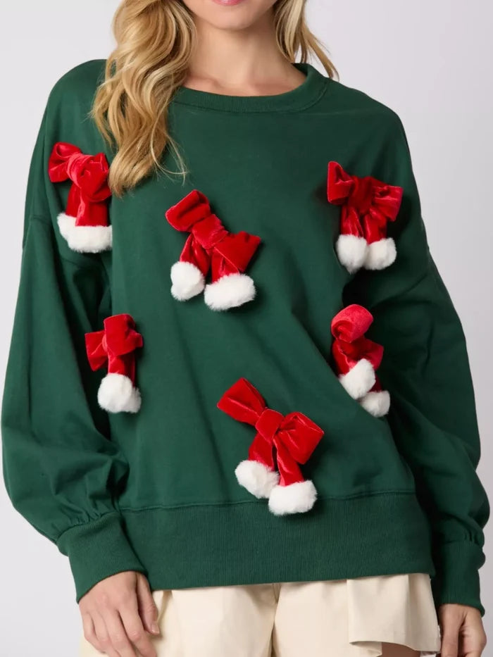 Christmas Long Sleeve Sweatshirt with Pom-Pom Bow Decoration