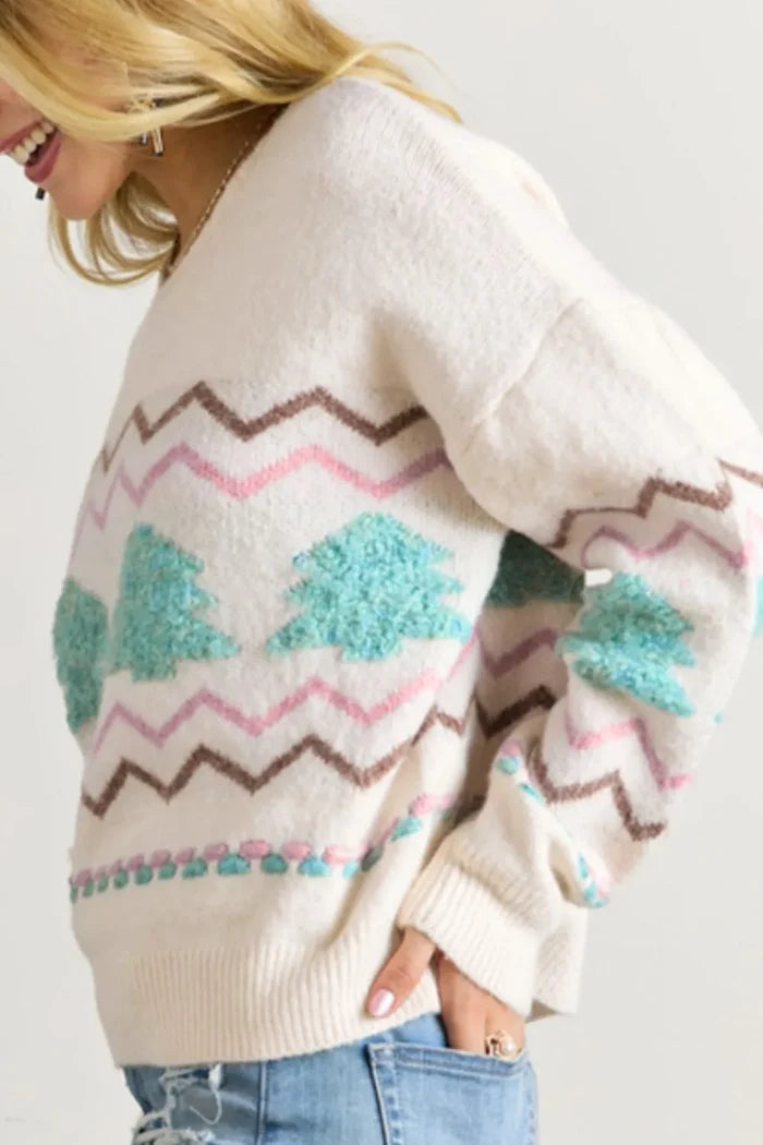 Christmas Tree Ribbed Hem Dropped Shoulder Sweater