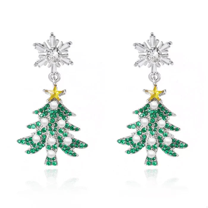 Christmas Tree Snowflake Dangle Earrings