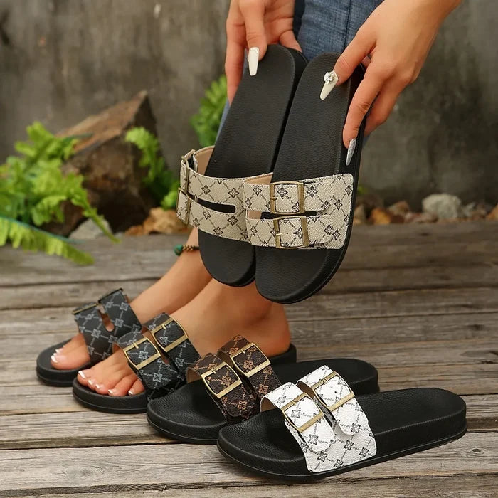 Classic Double-Strap Buckle Slide Sandals