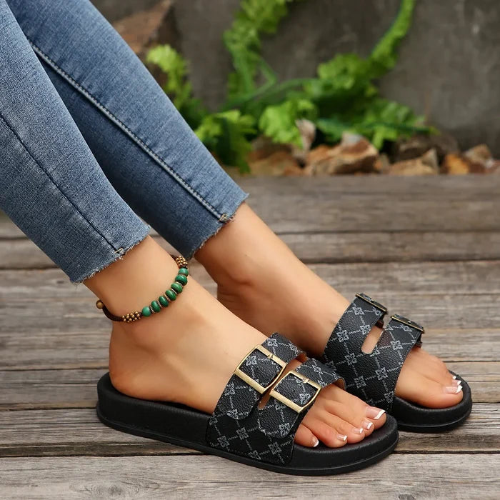 Classic Double-Strap Buckle Slide Sandals