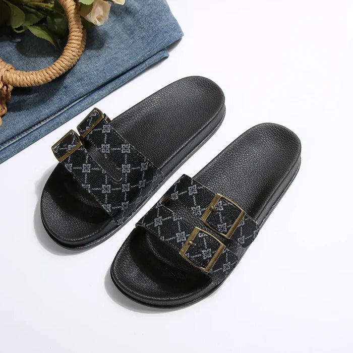 Classic Double-Strap Buckle Slide Sandals