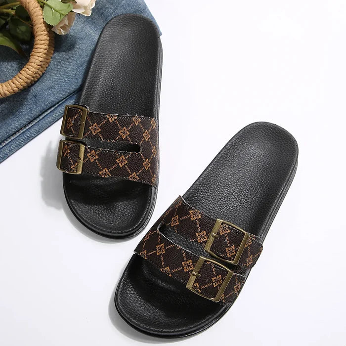 Classic Double-Strap Buckle Slide Sandals