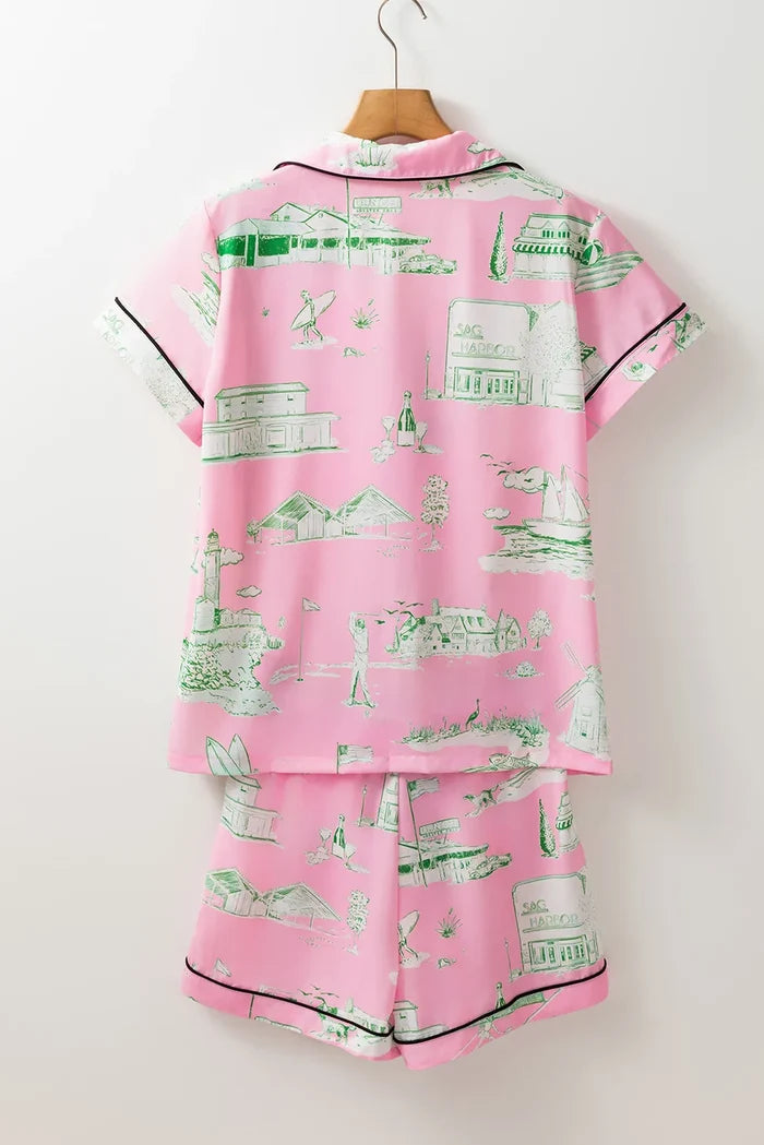 Collared Neck Printed Top and Drawstring Shorts Lounge Set
