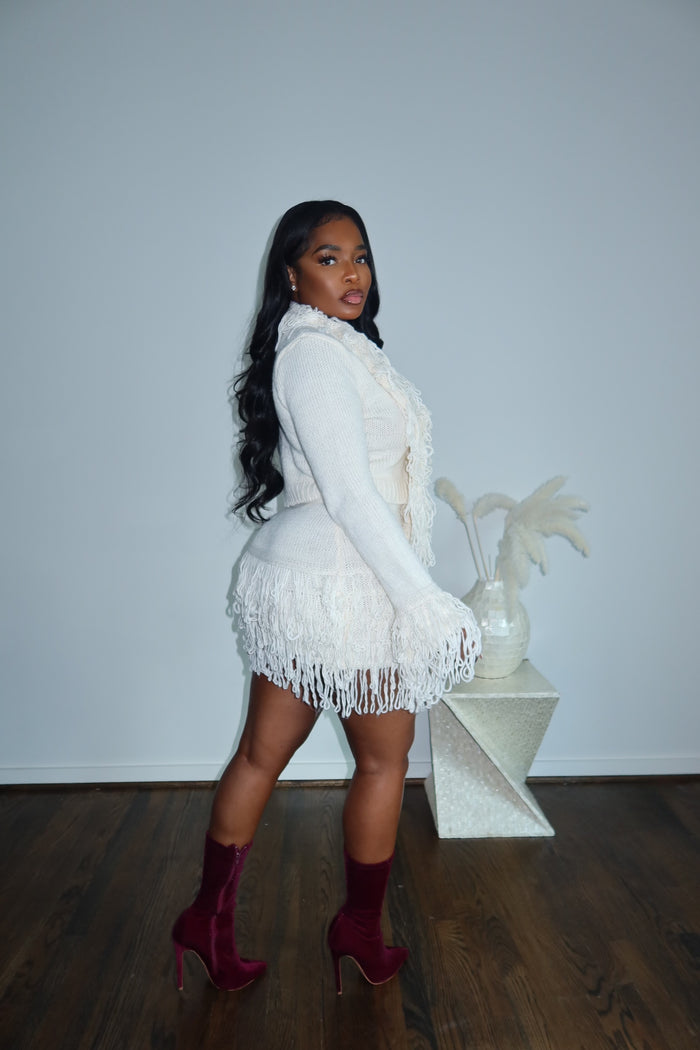 Cream fringe skirt set
