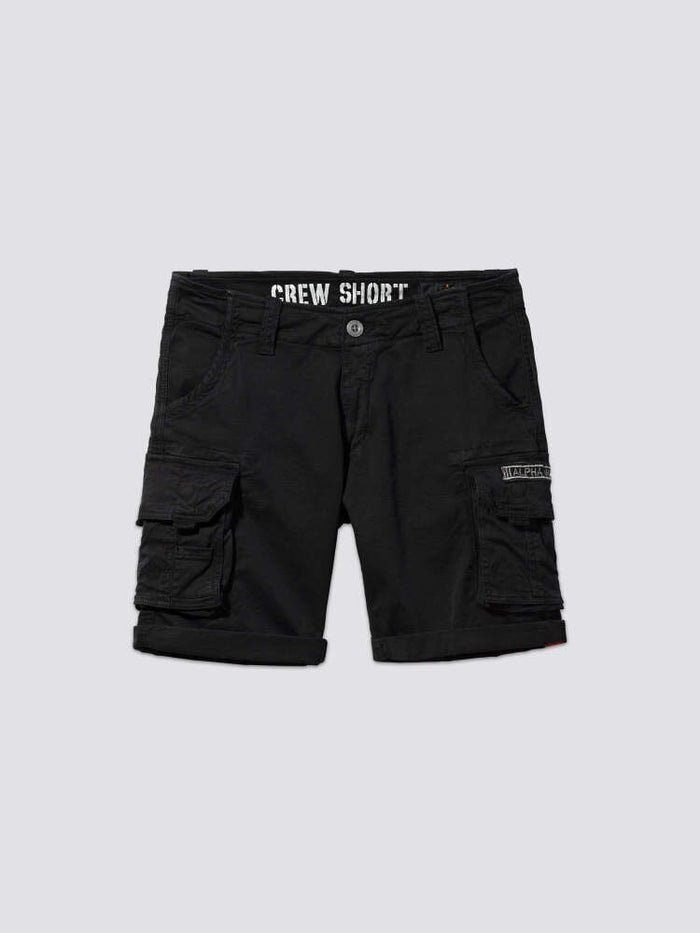 Alpha Industries Crew Short Gen I, black, lightweight cotton, multiple cargo pockets, button closure, CREW SHORT on inner waistband.