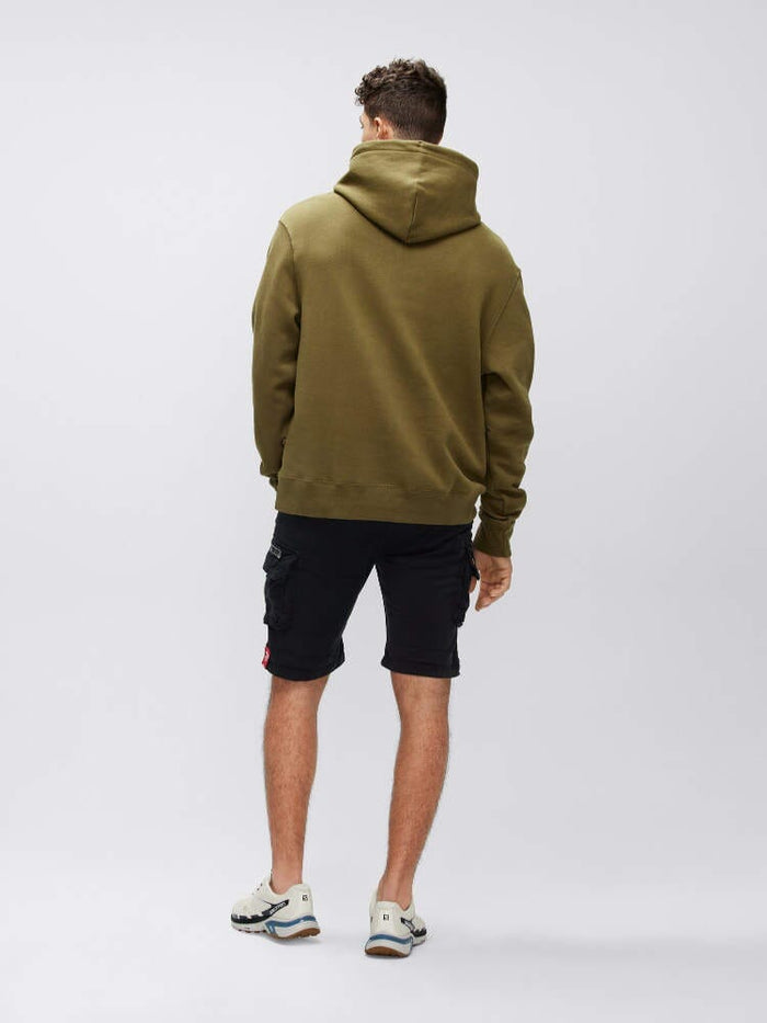 Alpha Industries Crew Short Gen I Black Cargo Shorts, Olive Green Hoodie.