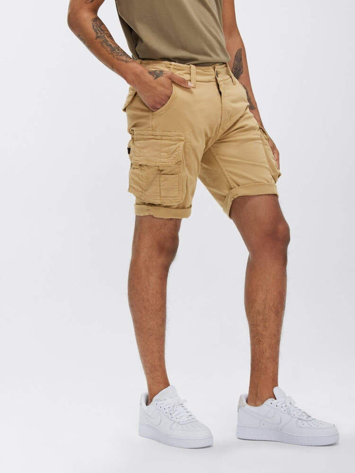 Alpha Industries Crew Short Gen I in Sand, cotton material, zip and button closure.