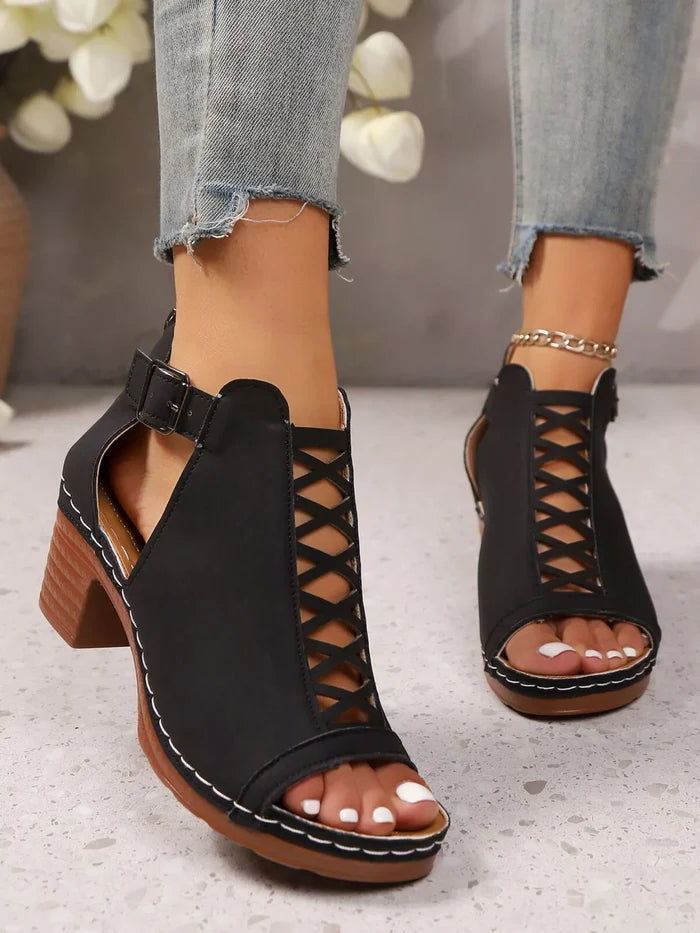 Crisscross Peep Toe Block Heels Sandals