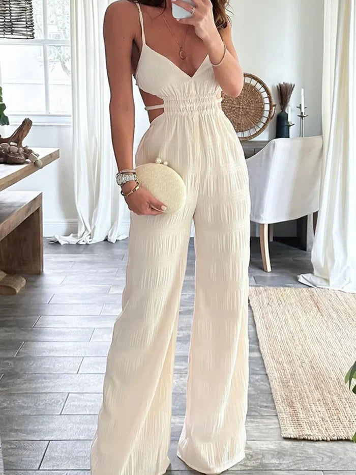 Cut-Out Ruched Backless Pocketed Wide-Leg Jumpsuit
