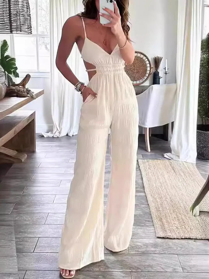 Cut-Out Ruched Backless Pocketed Wide-Leg Jumpsuit