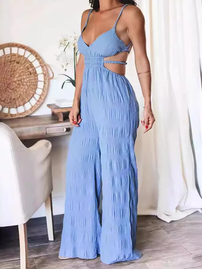 Cut-Out Ruched Backless Pocketed Wide-Leg Jumpsuit