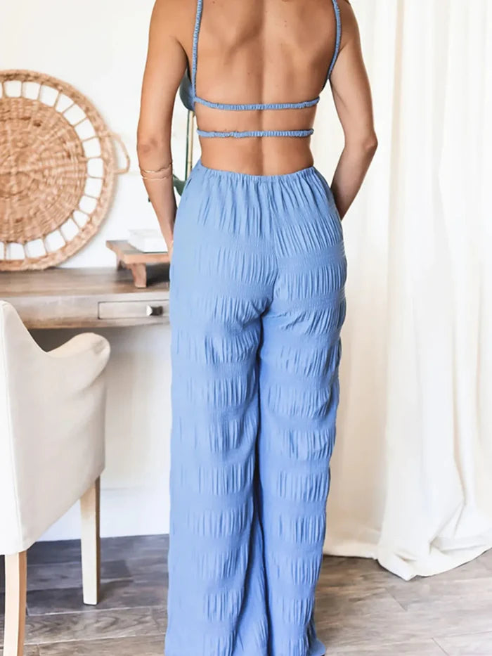 Cut-Out Ruched Backless Pocketed Wide-Leg Jumpsuit