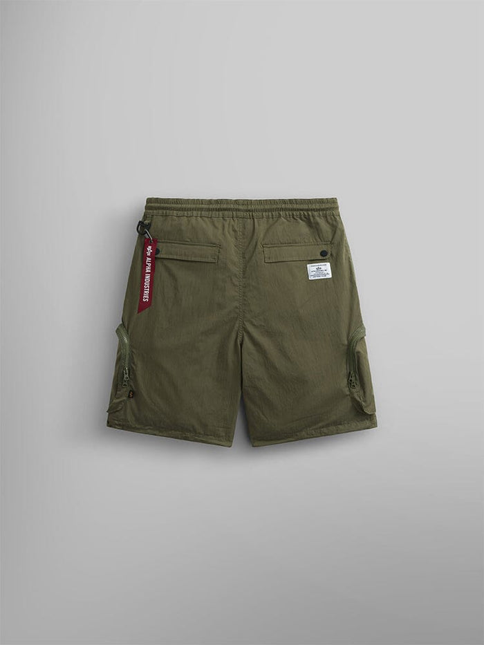 Alpha Industries CWU 36/P Pull On Short, olive green, elastic waist, side cargo pockets, back pockets, red key tag.