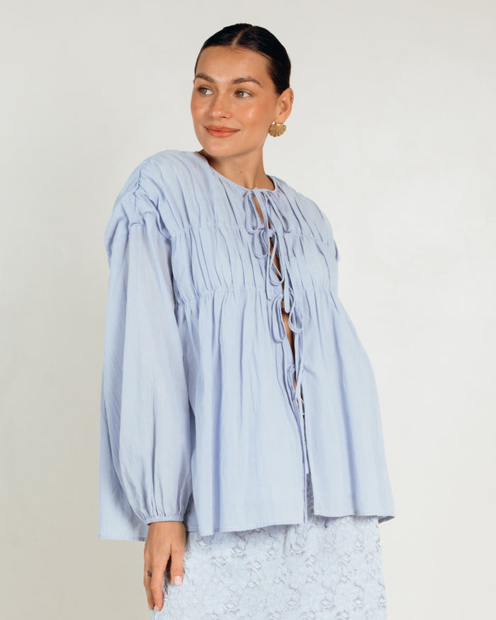 Daisy Smock Top in Powder Blue - Oversized Long Sleeve Smock Top - The Lullaby Club