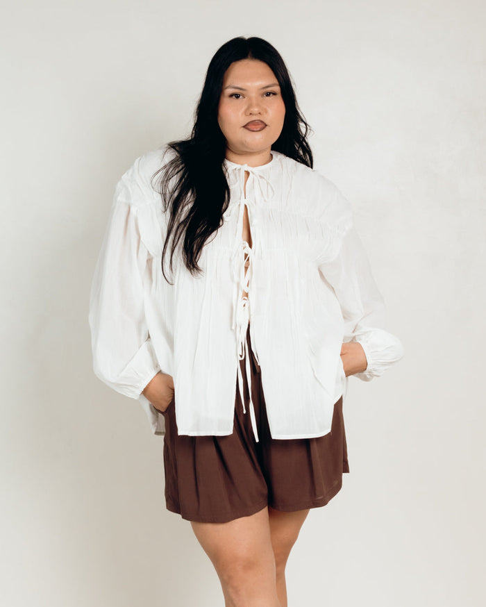 Daisy Smock Top in White - Breastfeeding Longsleeve Top - The Lullaby Club