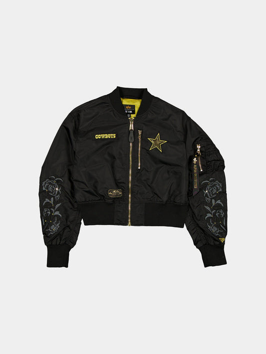 DALLAS COWBOYS X ALPHA X NEW ERA L-2B CROPPED BOMBER JACKET WOMENS OUTERWEAR Alpha Industries BLACK/GOLD XS