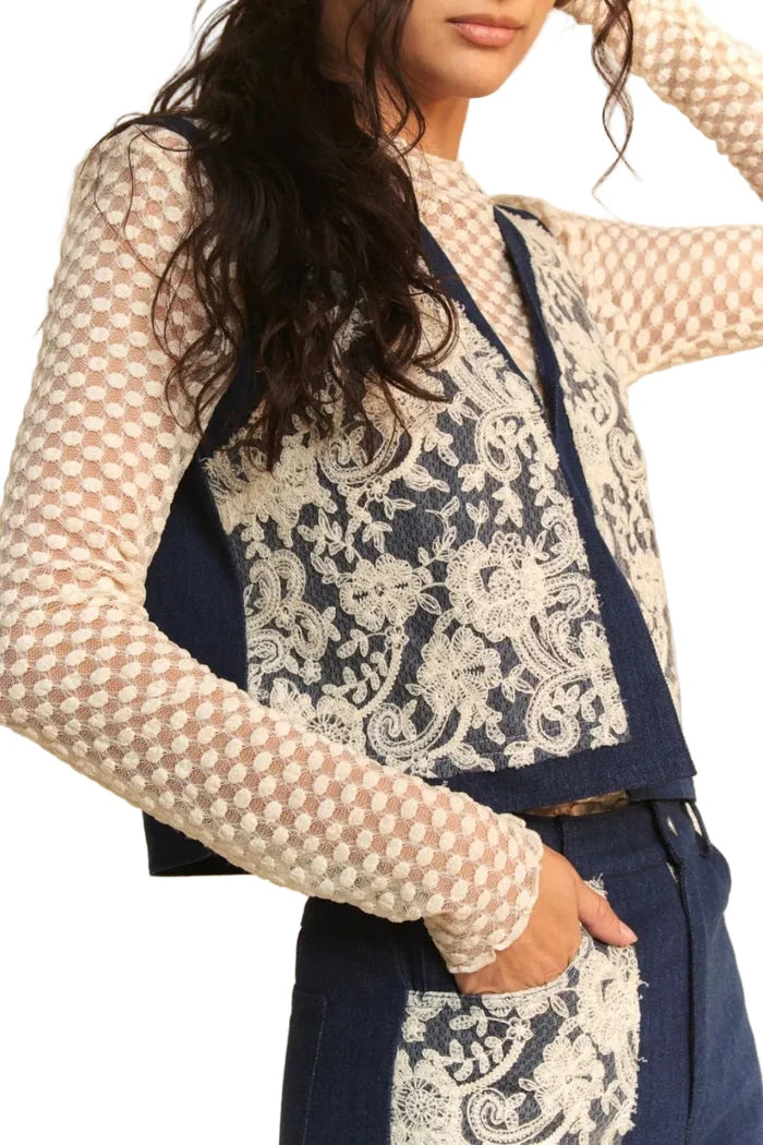 Davi & Dani Lace Patch Open Front Denim Vest