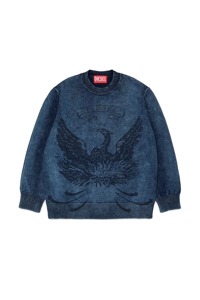 Denim-effect jumper with phoenix motif