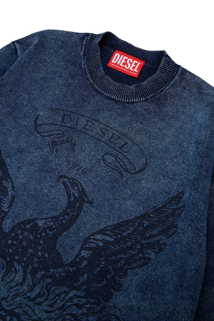 Denim-effect jumper with phoenix motif