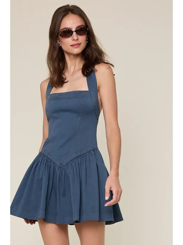Denim Halter Open Back Mini - Greige Goods