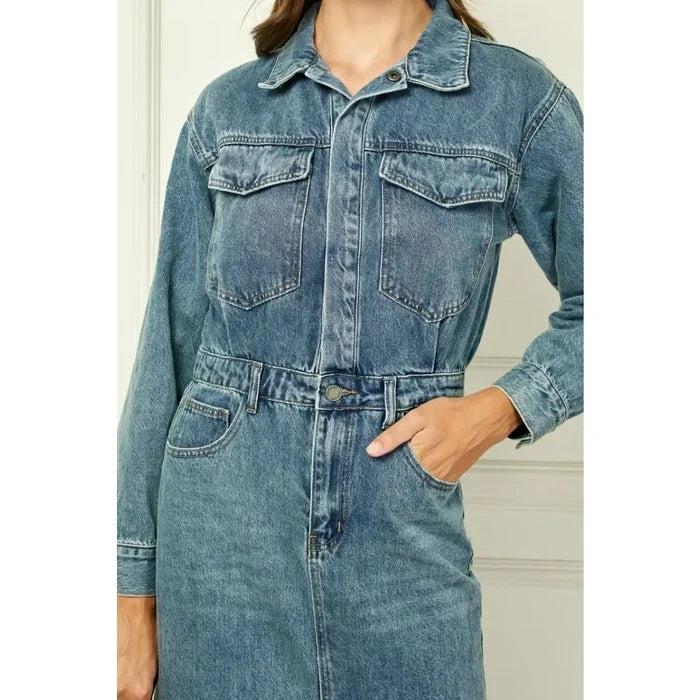 Denim Long Sleeve Trucker Dress - Greige Goods