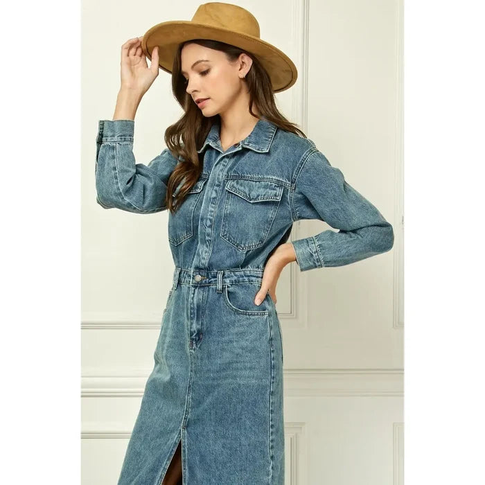 Denim Long Sleeve Trucker Dress - Greige Goods