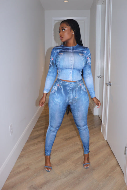 Denim patch pant set
