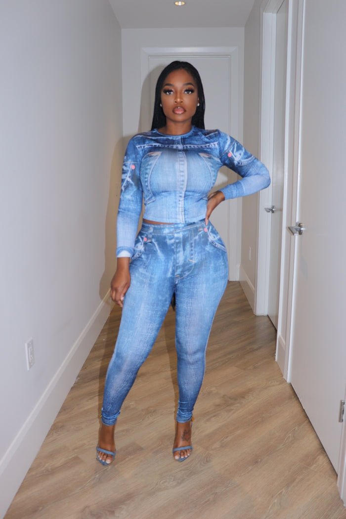 Denim patch pant set