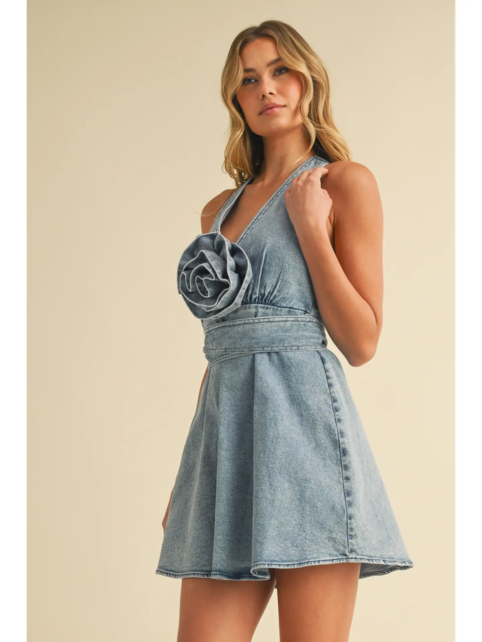 Denim Rosette Mini Dress - Greige Goods