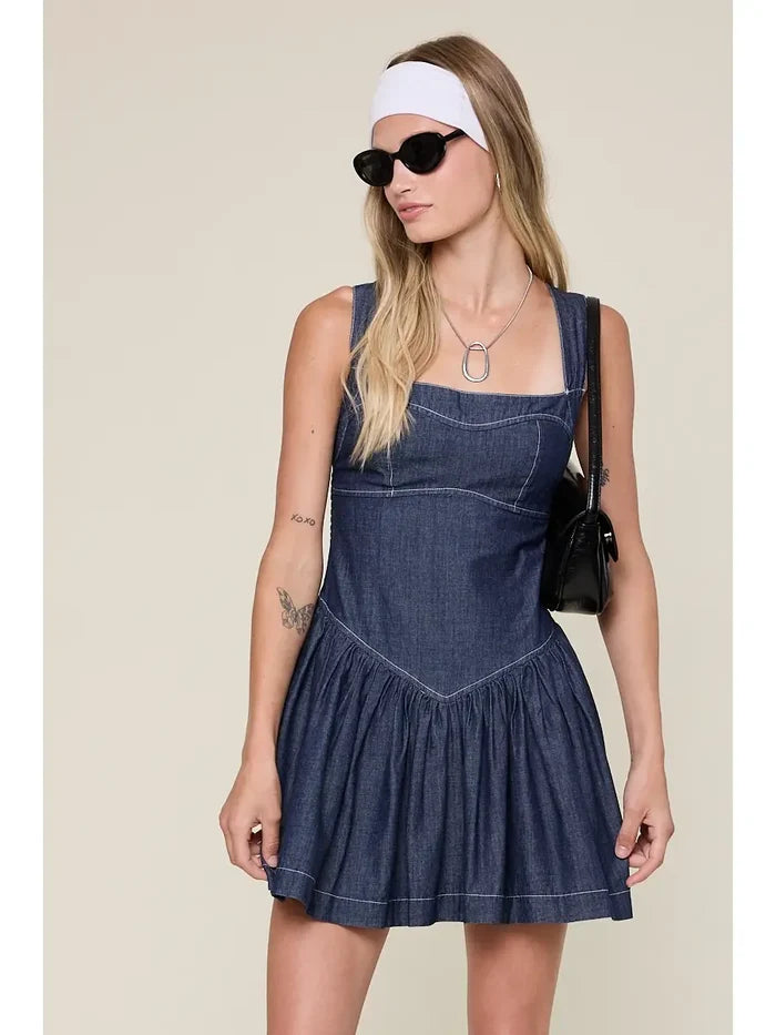 Denim Smocked Mini Dress - Greige Goods