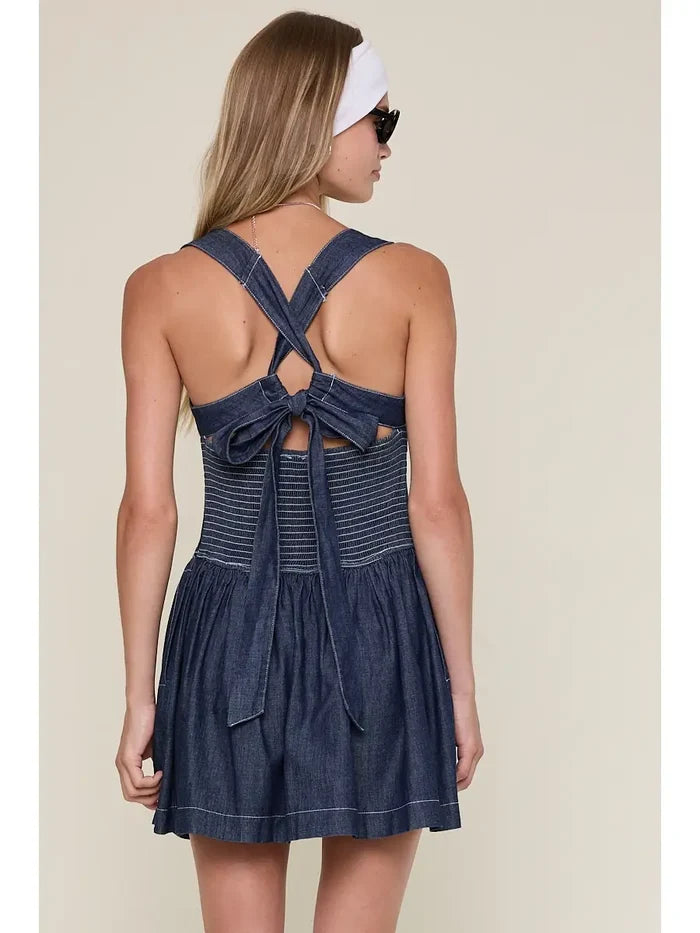 Denim Smocked Mini Dress - Greige Goods