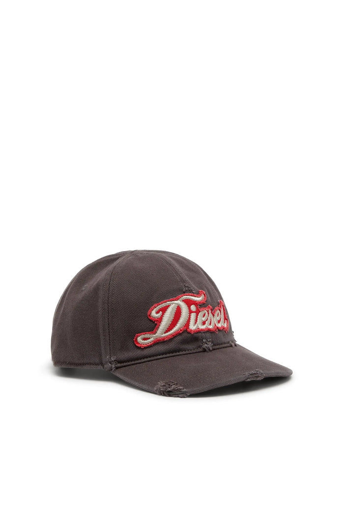 Distressed baseball cap with embroidered patch