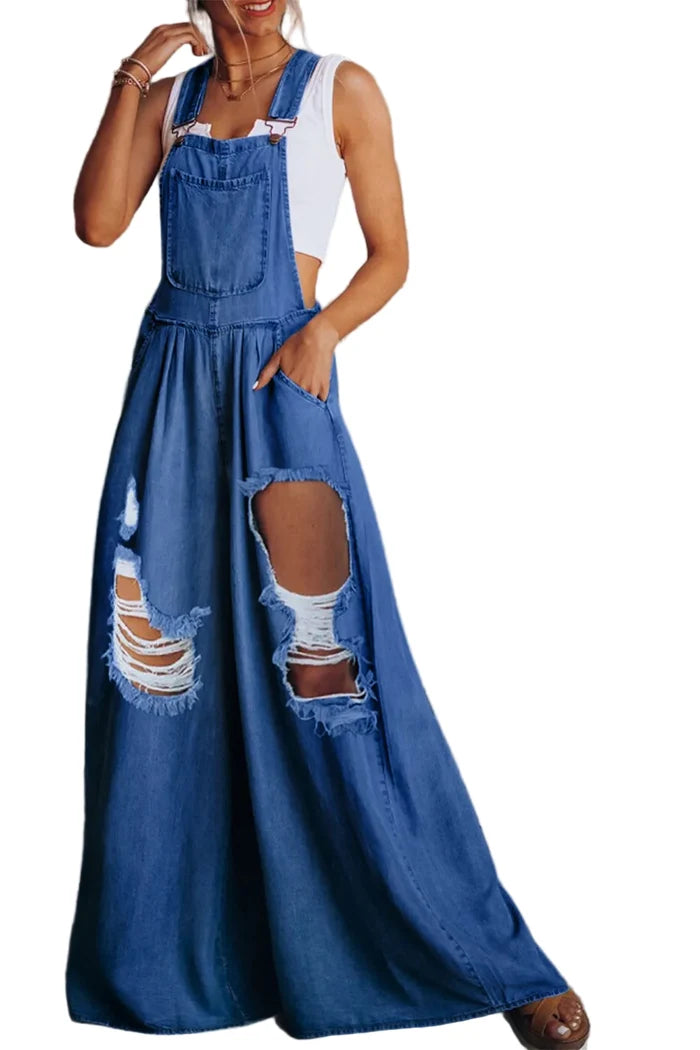 Distressed Wide Leg Denim Overalls