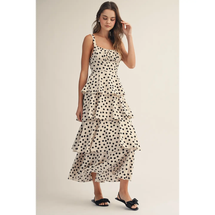 Dot Ruffled Peplum Maxi Dress - Greige Goods
