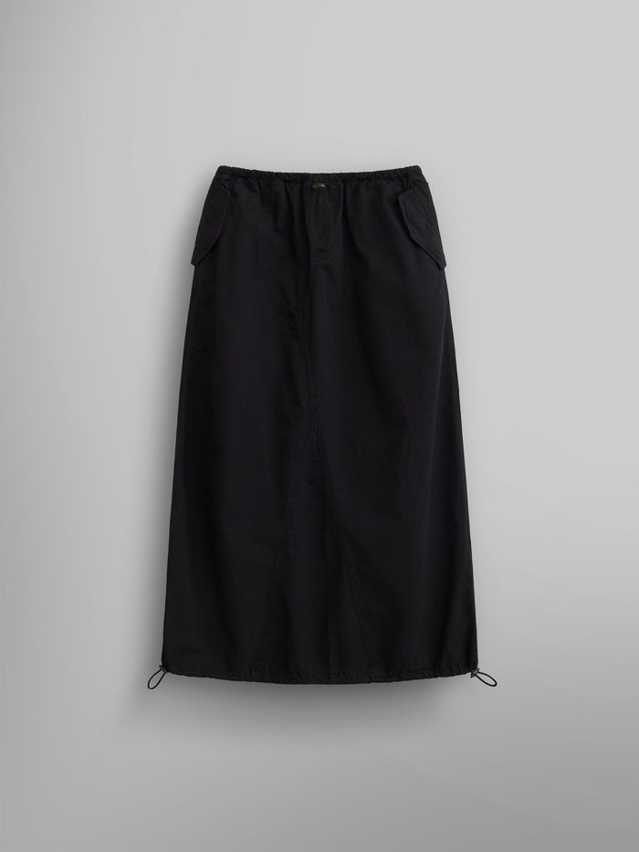 The Women's Drawcord Skirt by Alpha Industries features a black mid-length design with a drawstring hem and bungee waistband.